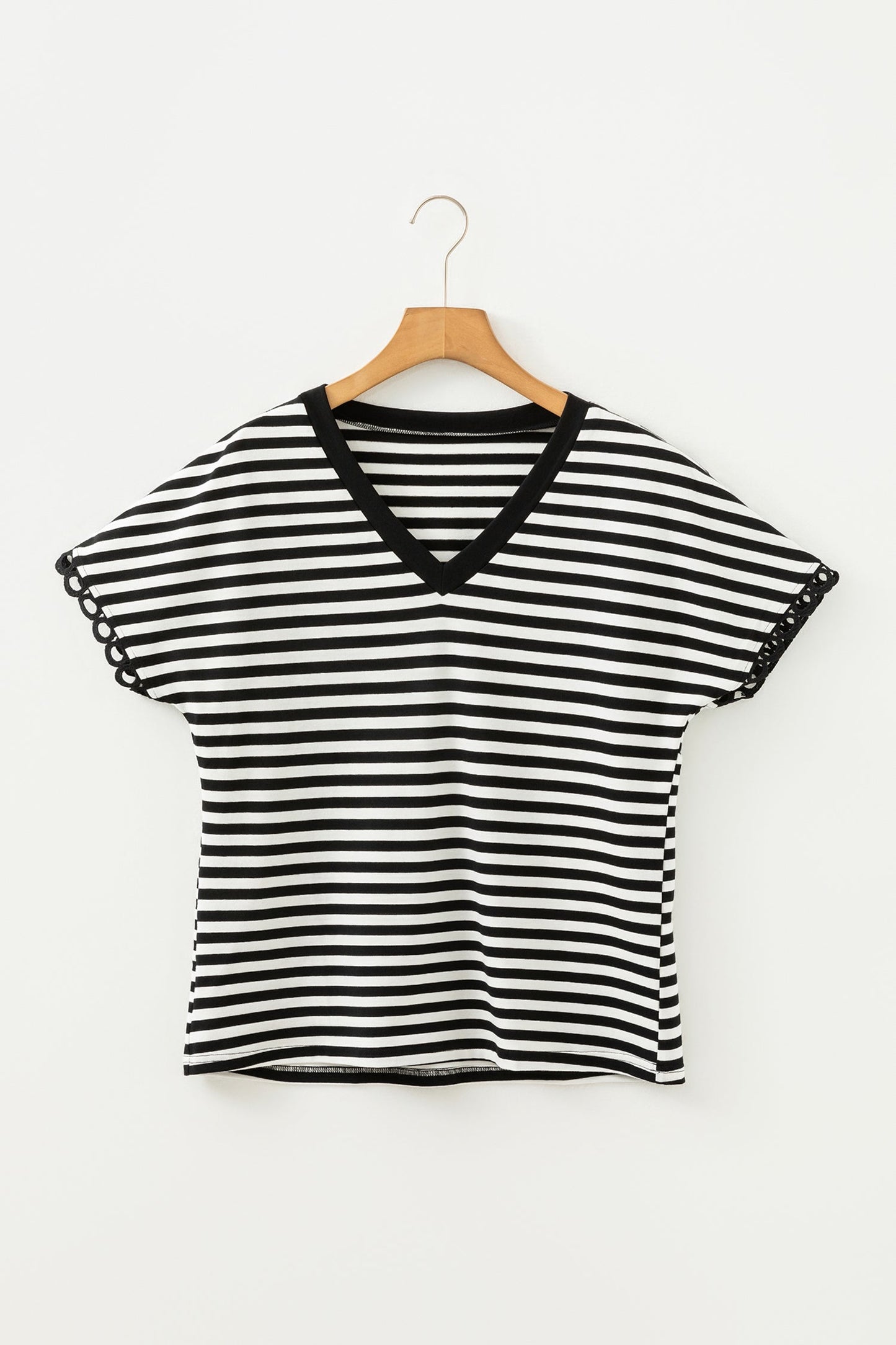 Stripe V-Neck Lace Trim Short Sleeve Tee