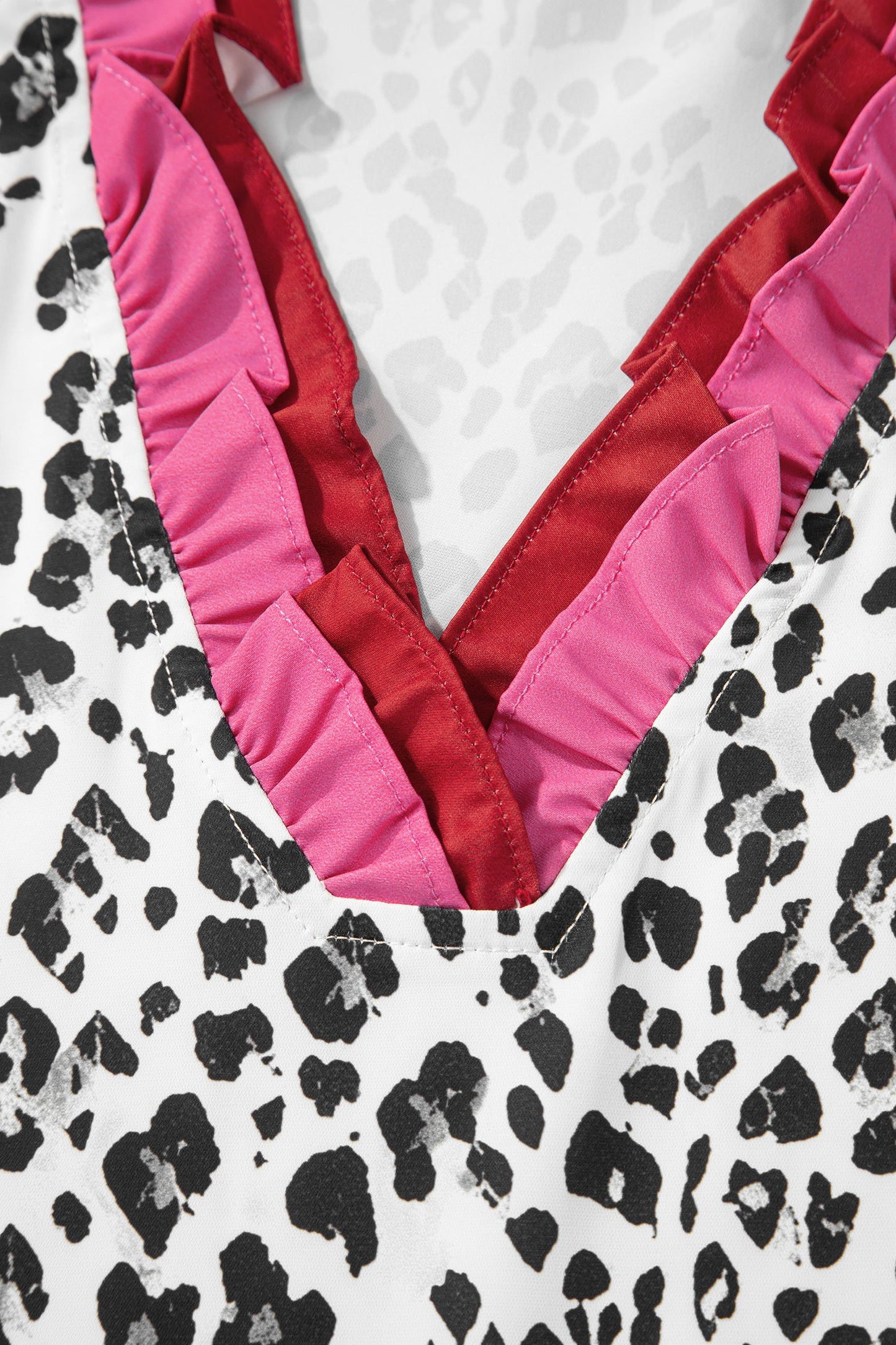Leopard Ruffle Trim V-Neck Short Sleeve Blouse