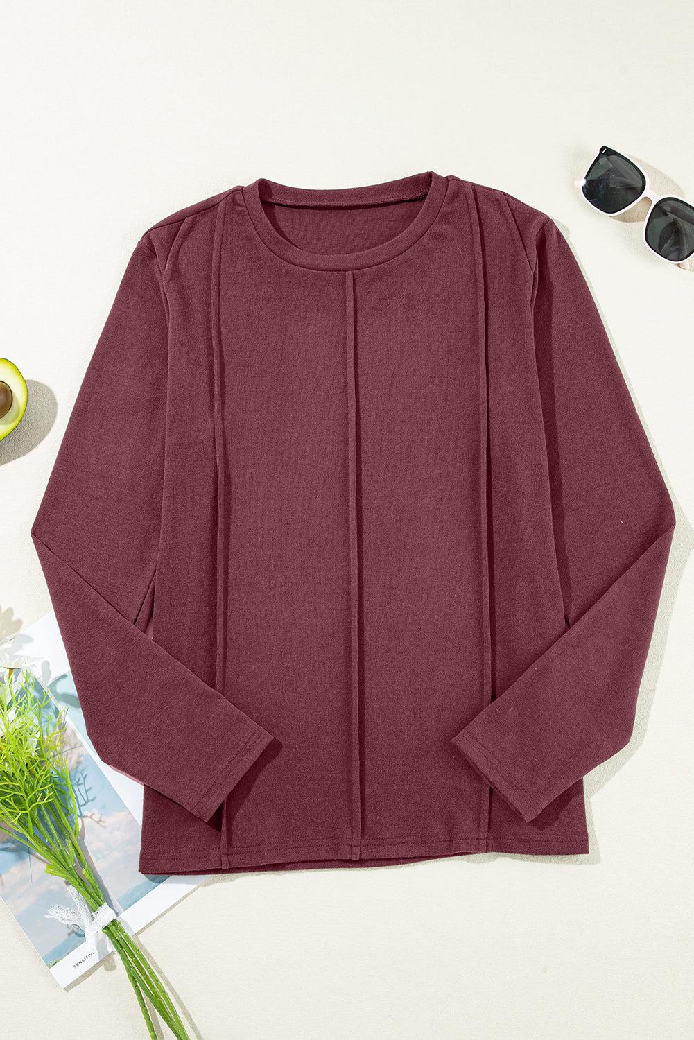 Solid Reverse Seam Crew Neck Long Sleeve Top