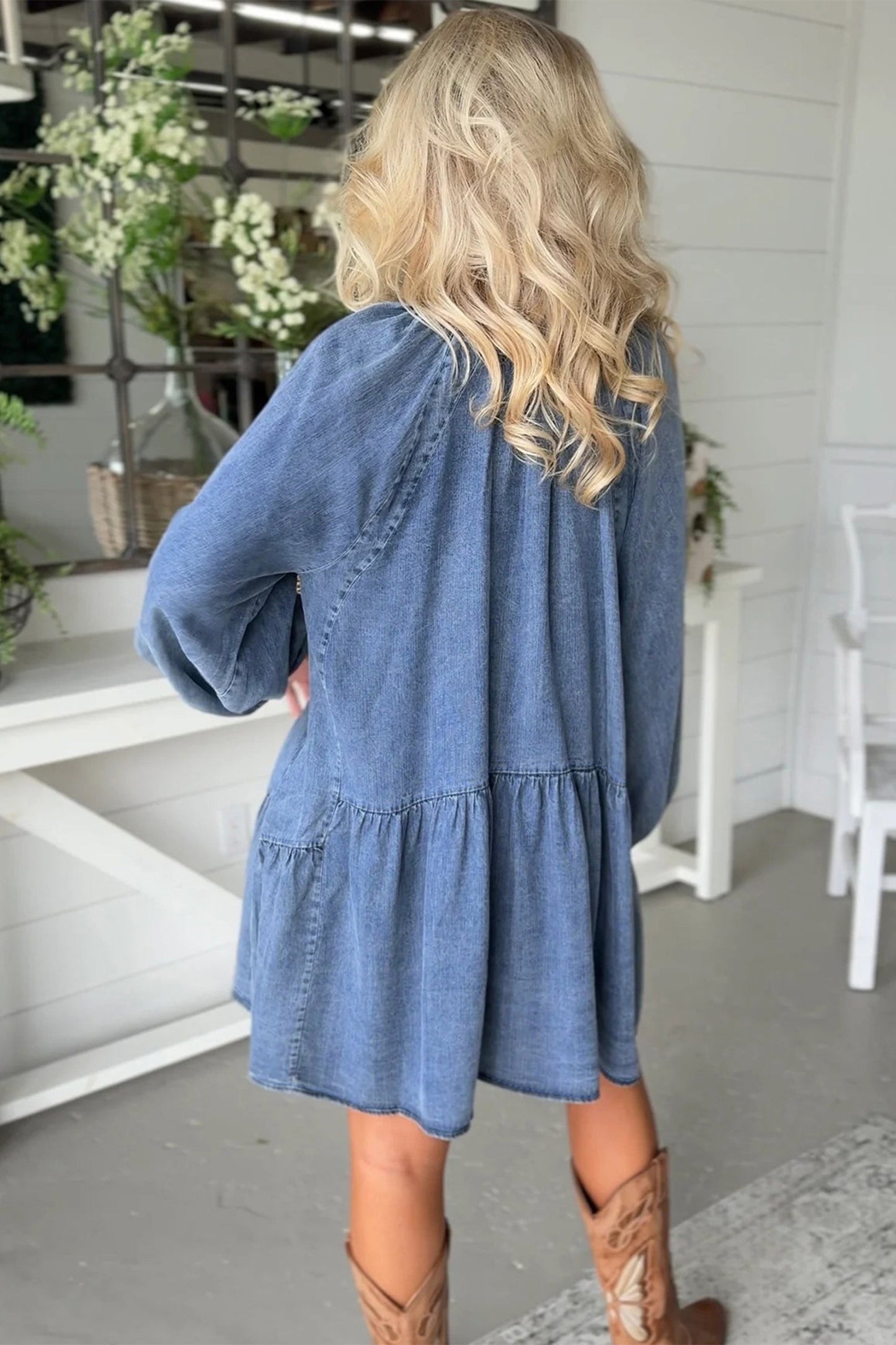 Denim Puff Sleeve Tie V-Neck Ruffle Dress