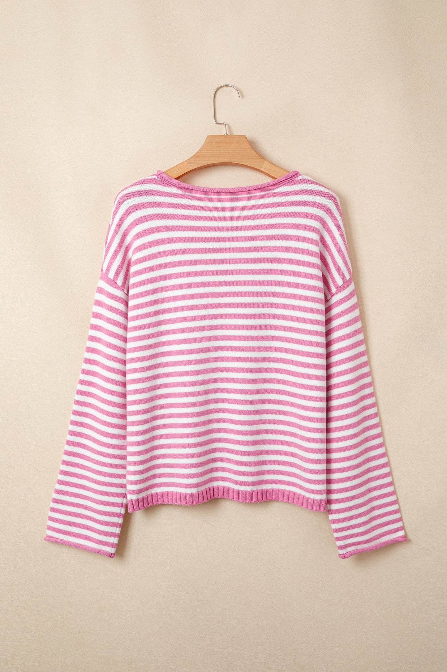 Stripe Button Placket Drop Shoulder Long Sleeve Sweater