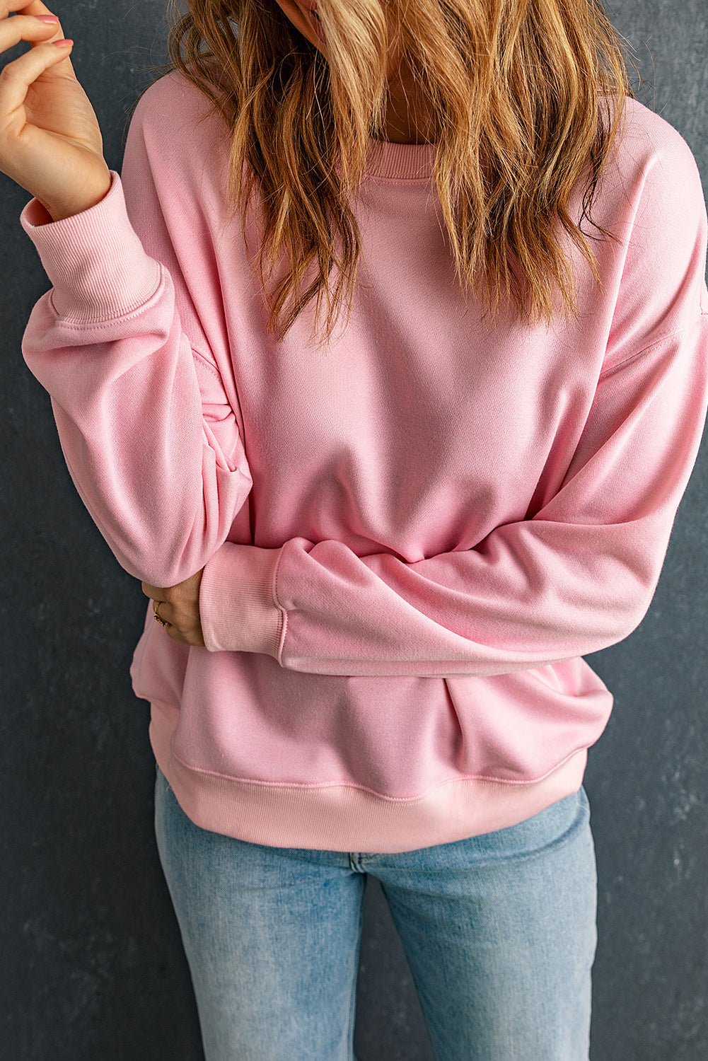 Solid Drop Shoulder Crewneck Pullover Sweatshirt