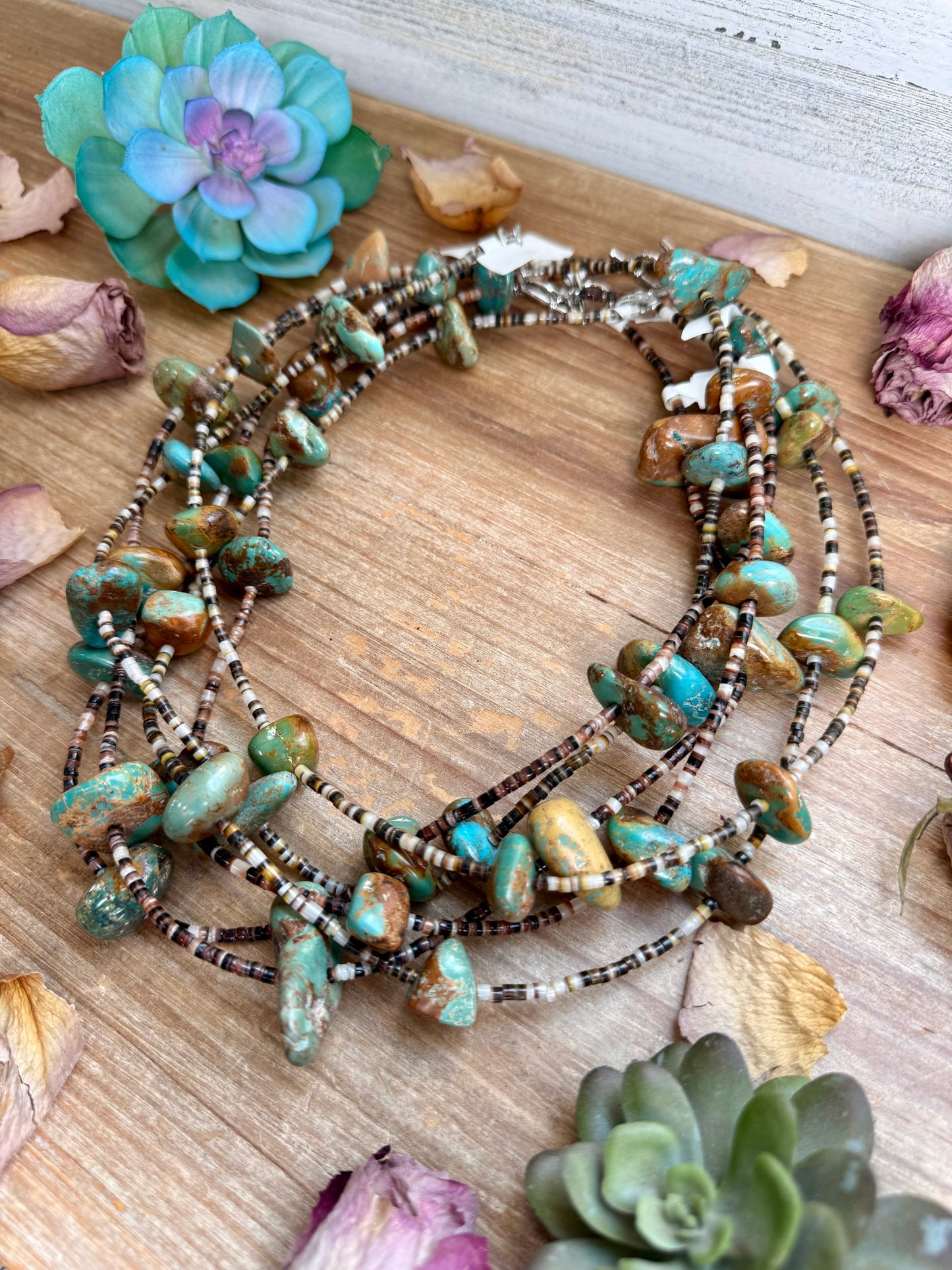 22” Chunky Turquoise & Dark Brown Shell Heishi Necklace