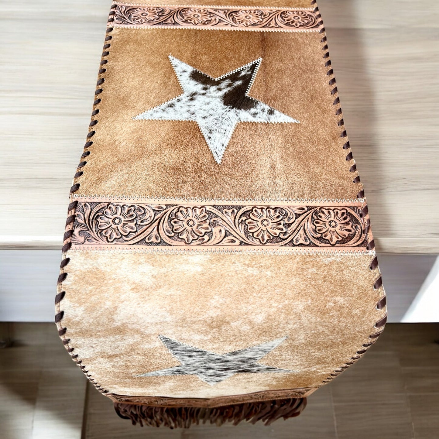 Stars cowhide & tooled leather table runner