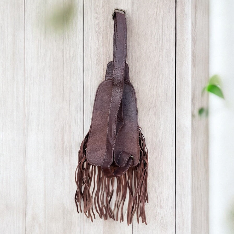 Bronco fringe hand tooled sling bag