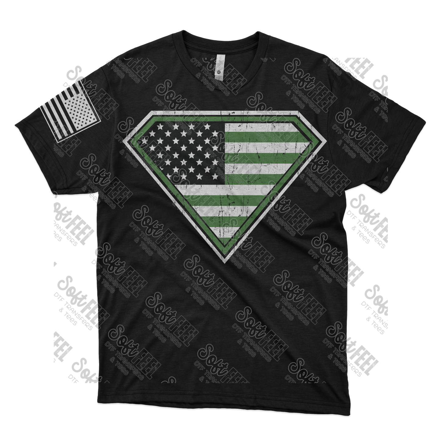 American Flag Military Green Shield - Men's / Patriotic - Direct To Film Transfer / DTF - Heat Press Clothing Transfer