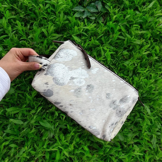 Silver cowhide acid wash toiletry bag