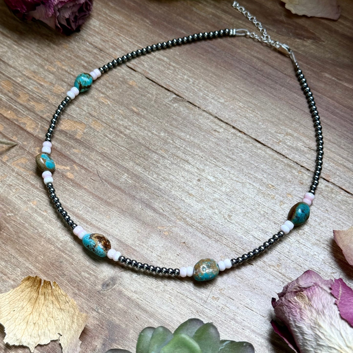 15” Pink Conch & Turquoise Necklace – Sterling Silver