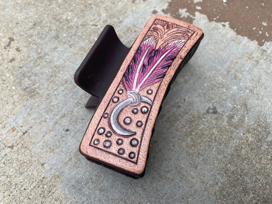 Pink Feathers Tooled Leather  Hair Claw Clips 4”