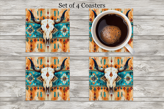 Bohemian Western Bullhead Neoprene 4 Inch Square Coasters - Set of 4