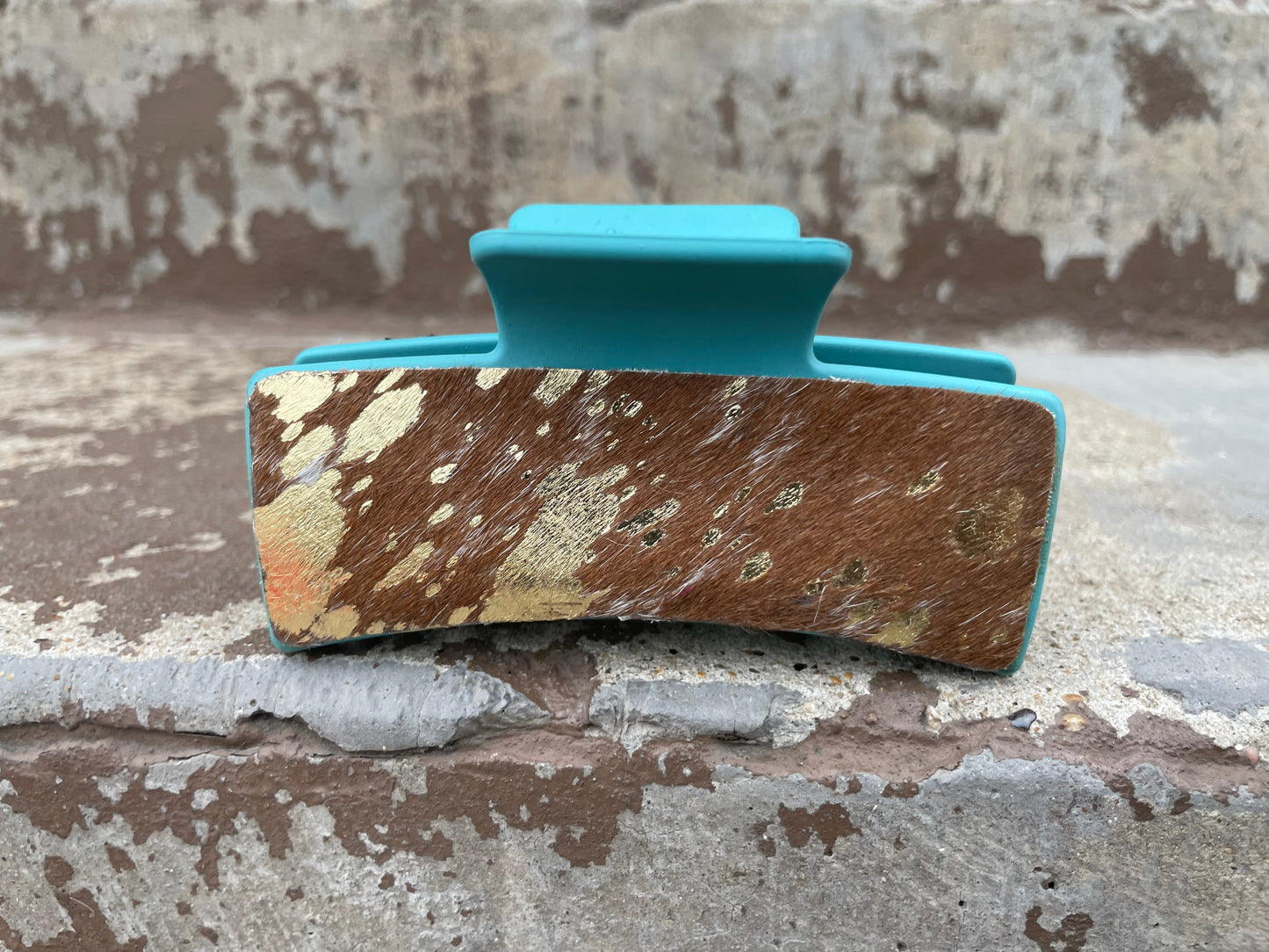 Gold Acid Wash Cowhide Turquoise Tooled Leather Hair Claw Clips 4”