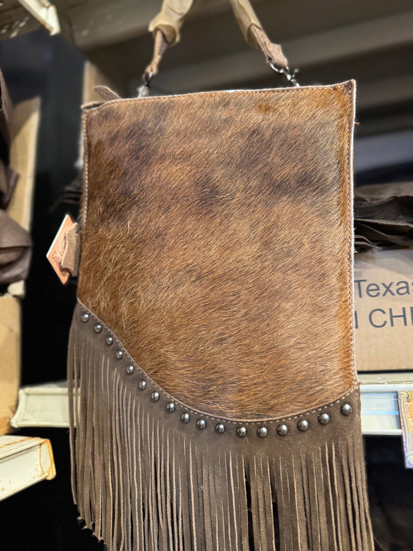 BA2143 Cowhide Fringe Studded Crossbody Purse