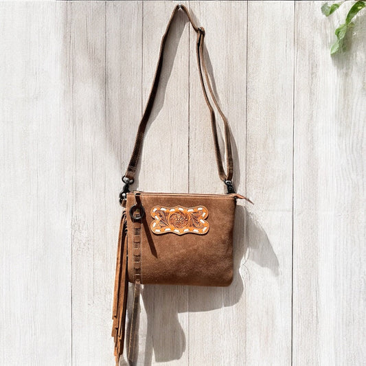 Tan suede & tooled fringe crossbody bag