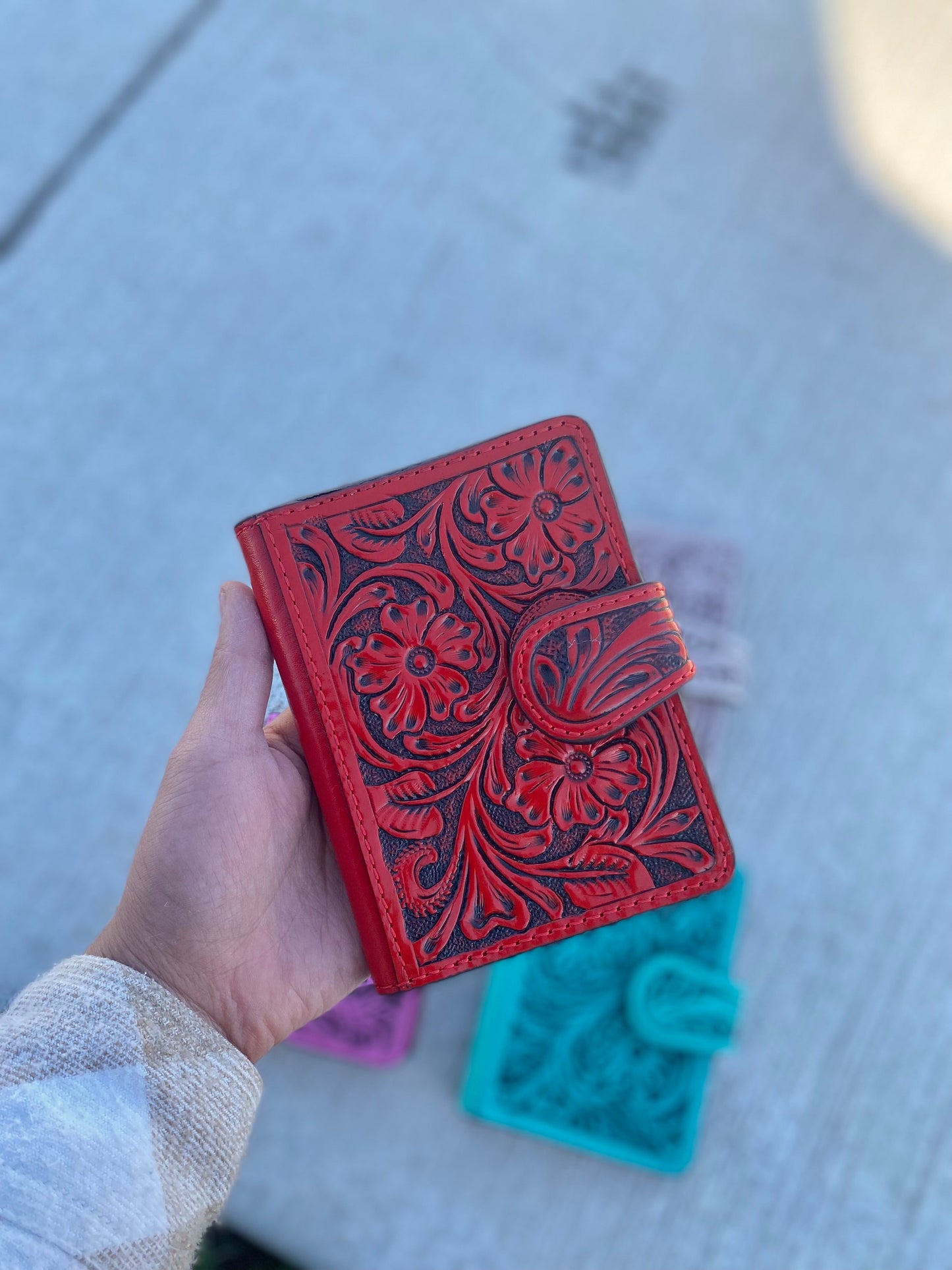 Red Floral Tooled Leather Passport Cover