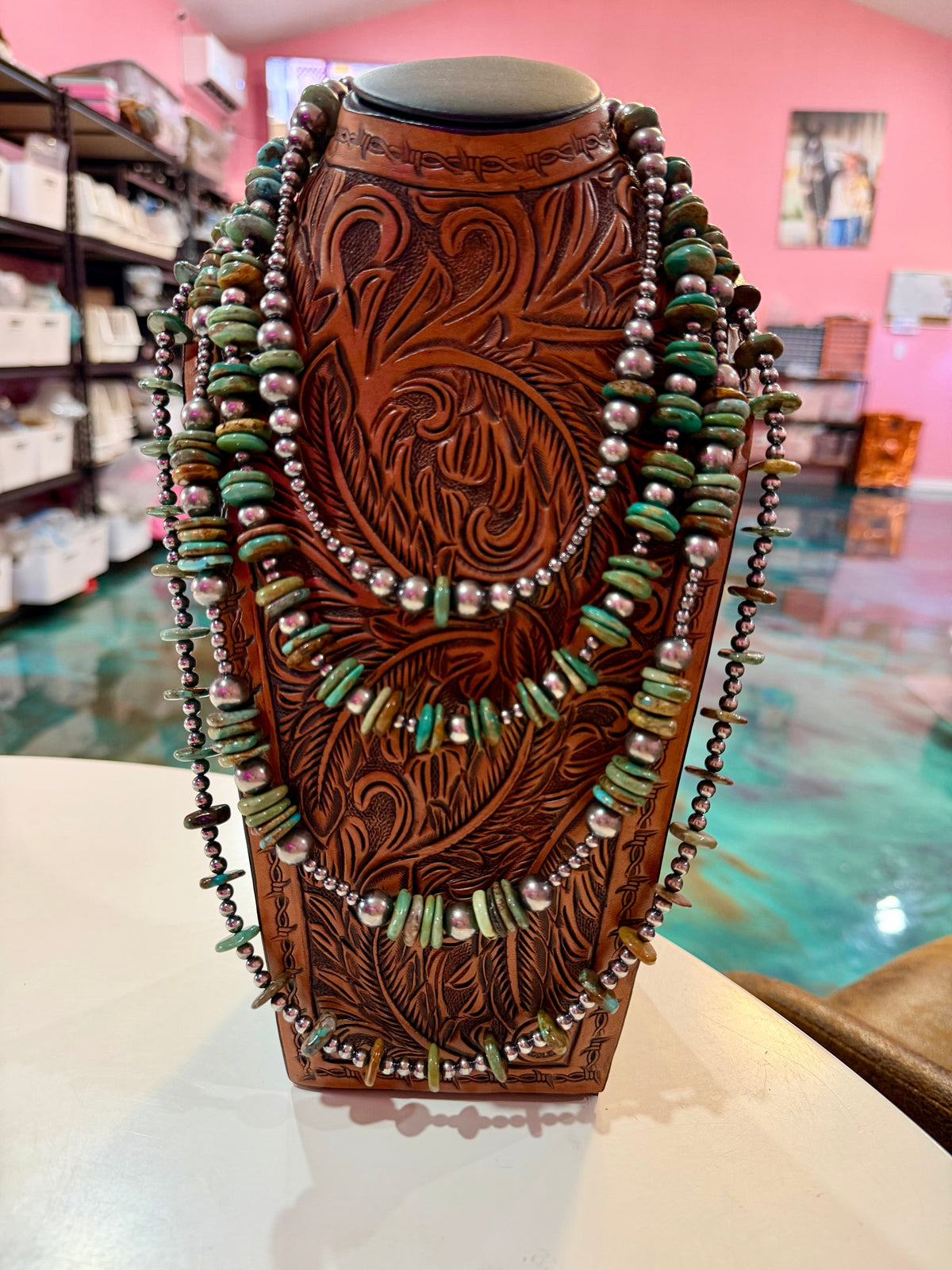 Jaci Stack – Green Turquoise & Sterling Silver Pearl Necklaces