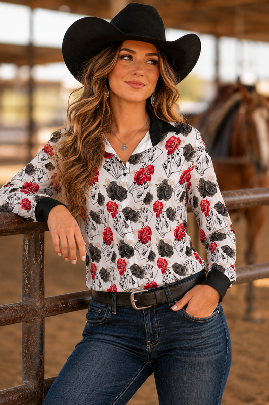 The Ace Of Roses Satin Button Up Rodeo Shirt Blouse
