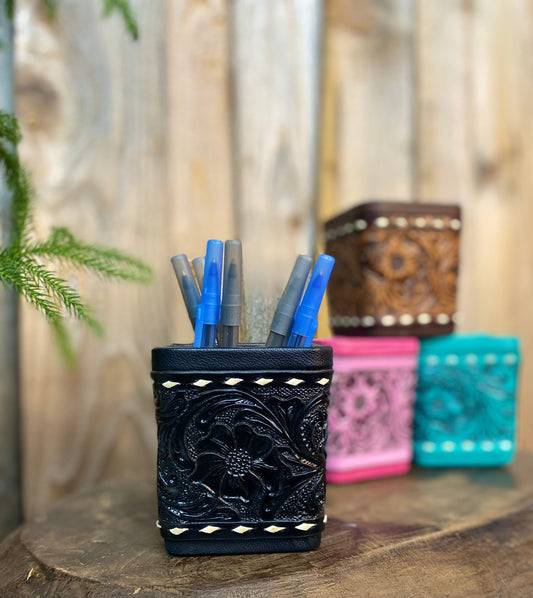 Black Tooled Leather Pencil Holder