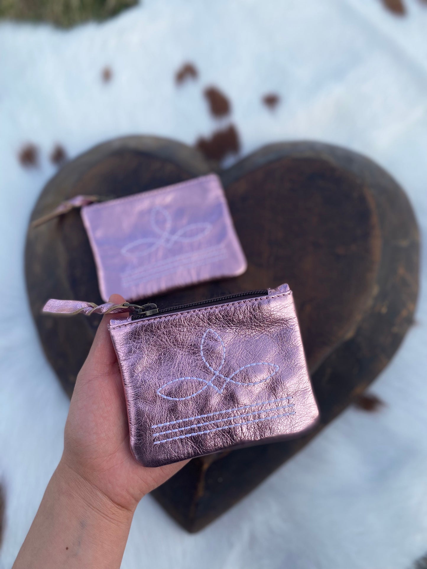 Pink Foil Leather BootStitch Coin Pouch