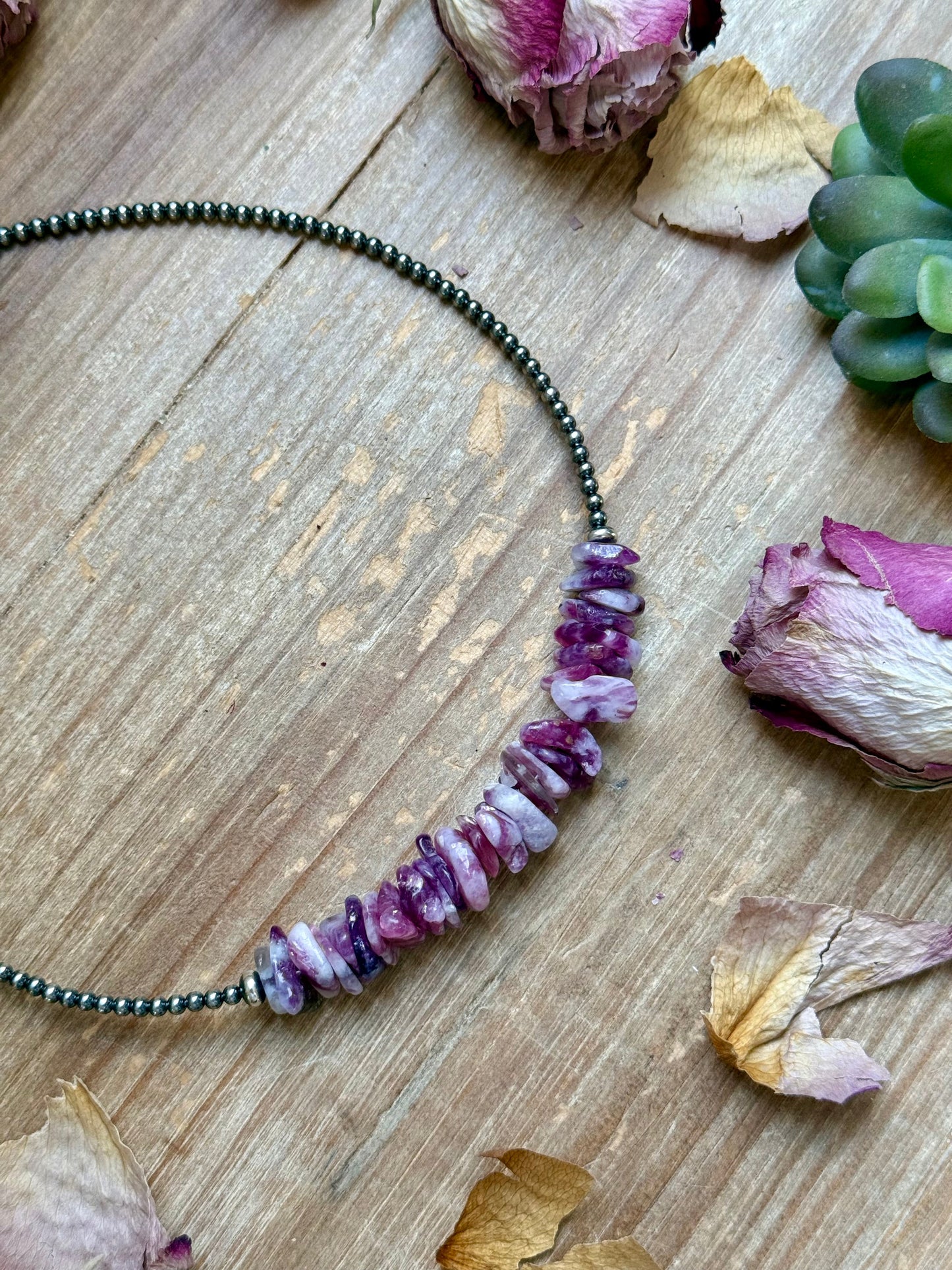 14.5” Lepidolite Necklace – 3mm Sterling Silver Pearls & Saucers