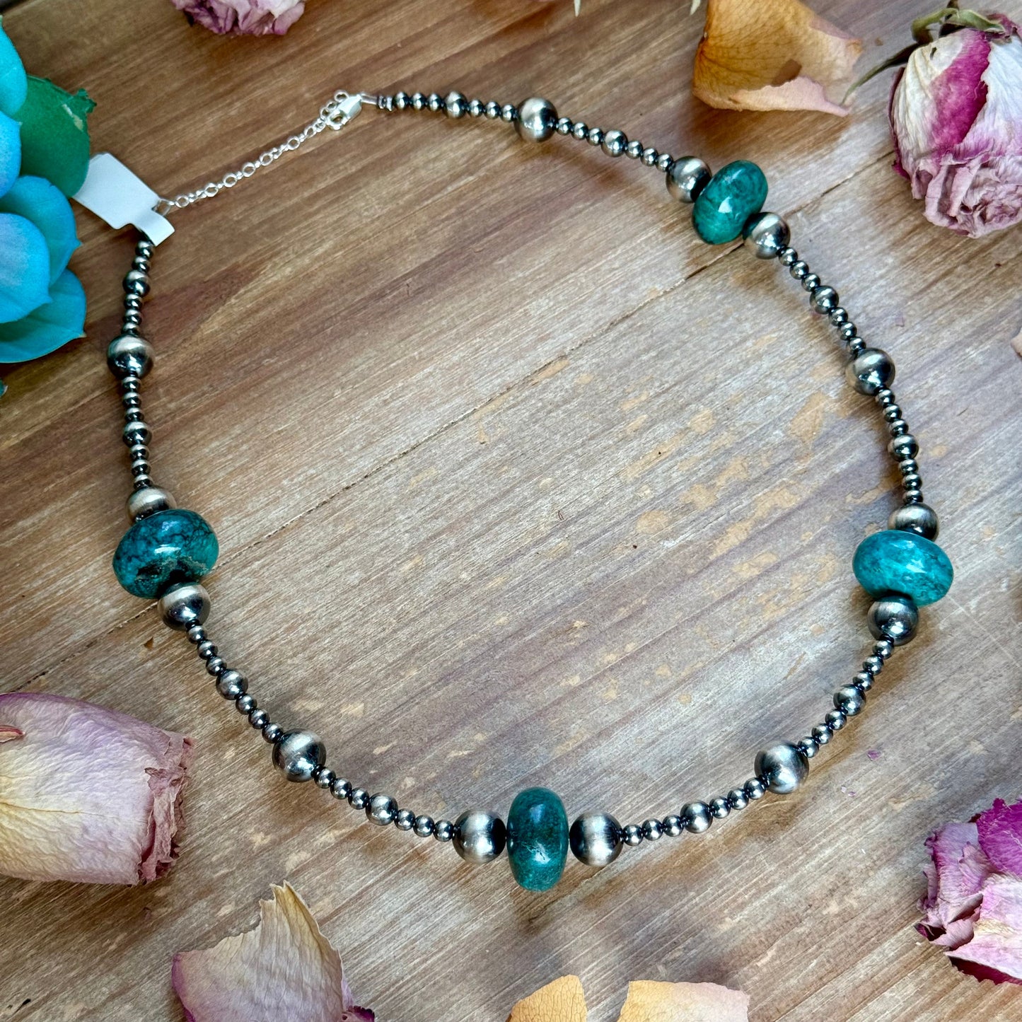 18.5” Turquoise Necklace – Sterling Silver Pearls