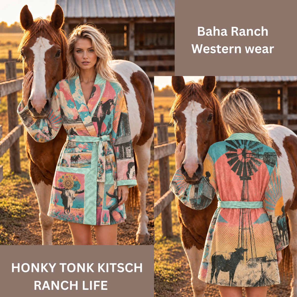Baha Ranch Honky Tonk Kitsch Ranch Life Plush Minky Fleece Robe