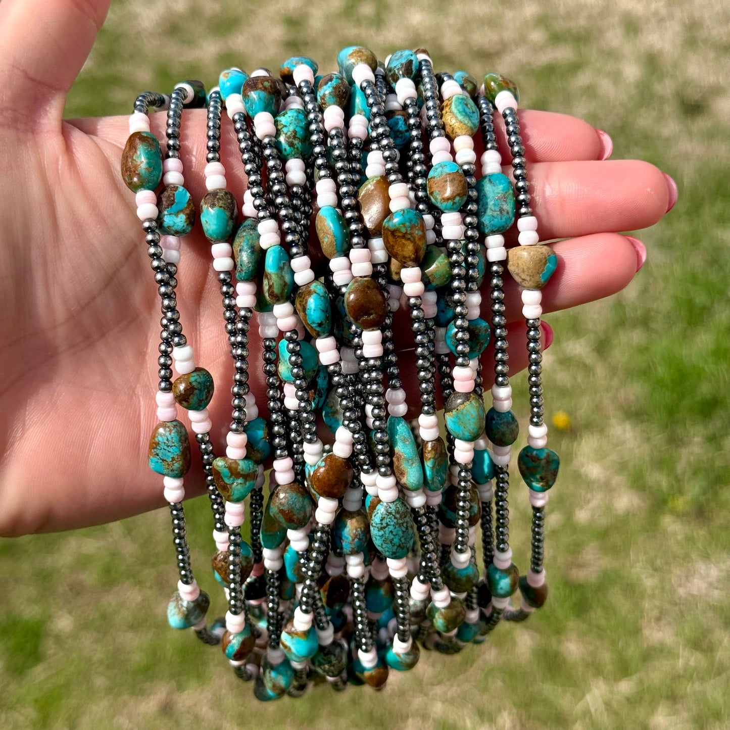 15” Pink Conch & Turquoise Necklace – Sterling Silver