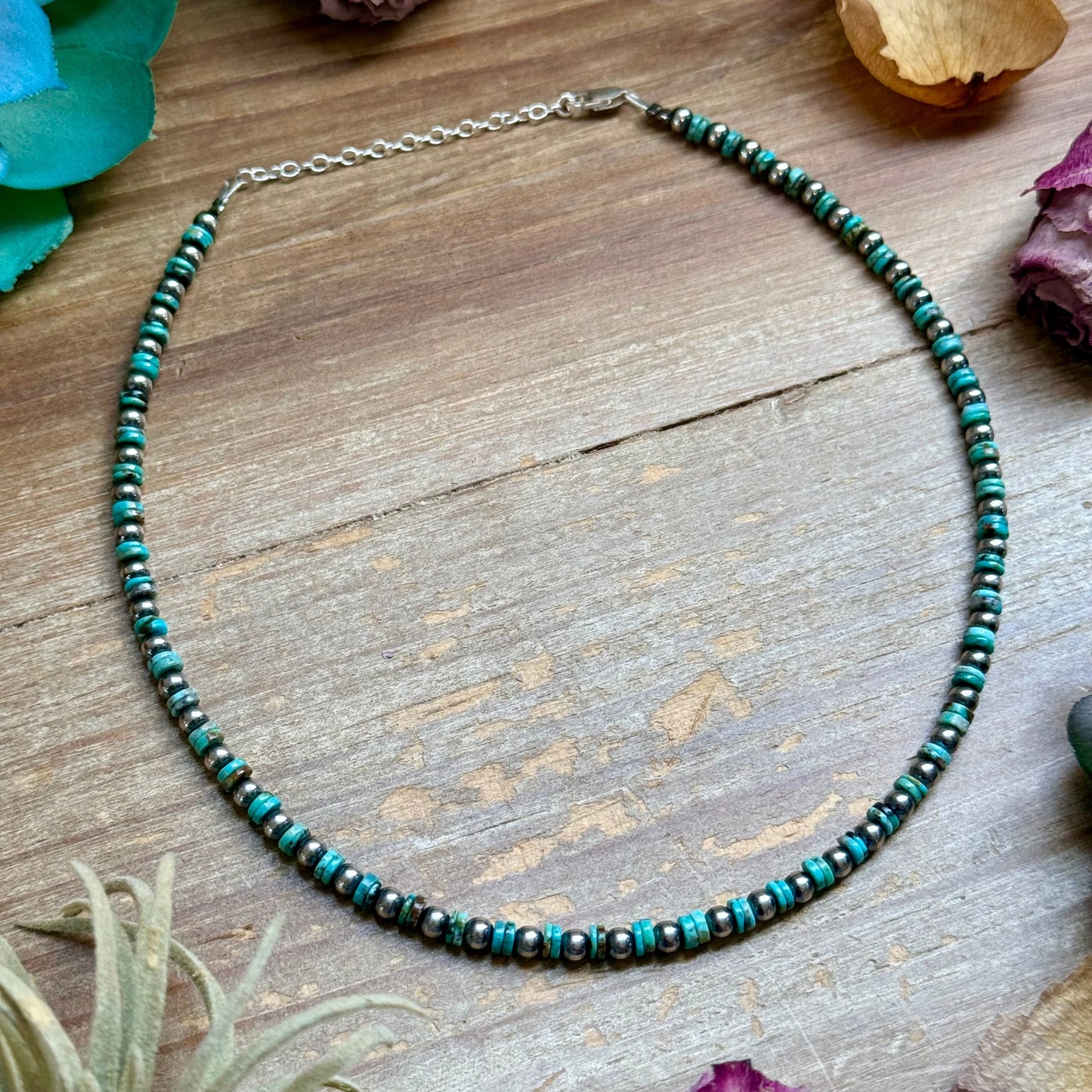 14” Turquoise Heishi Choker – Sterling Silver Pearls