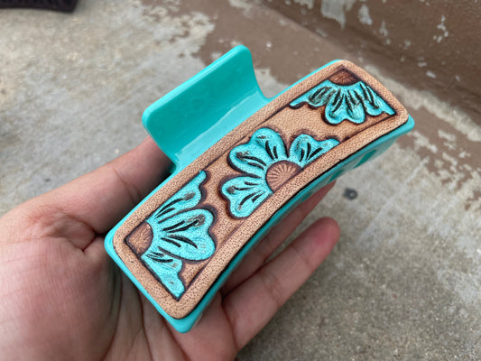 Turquoise Flowers Tooled Leather Hair Claw Clips 4”