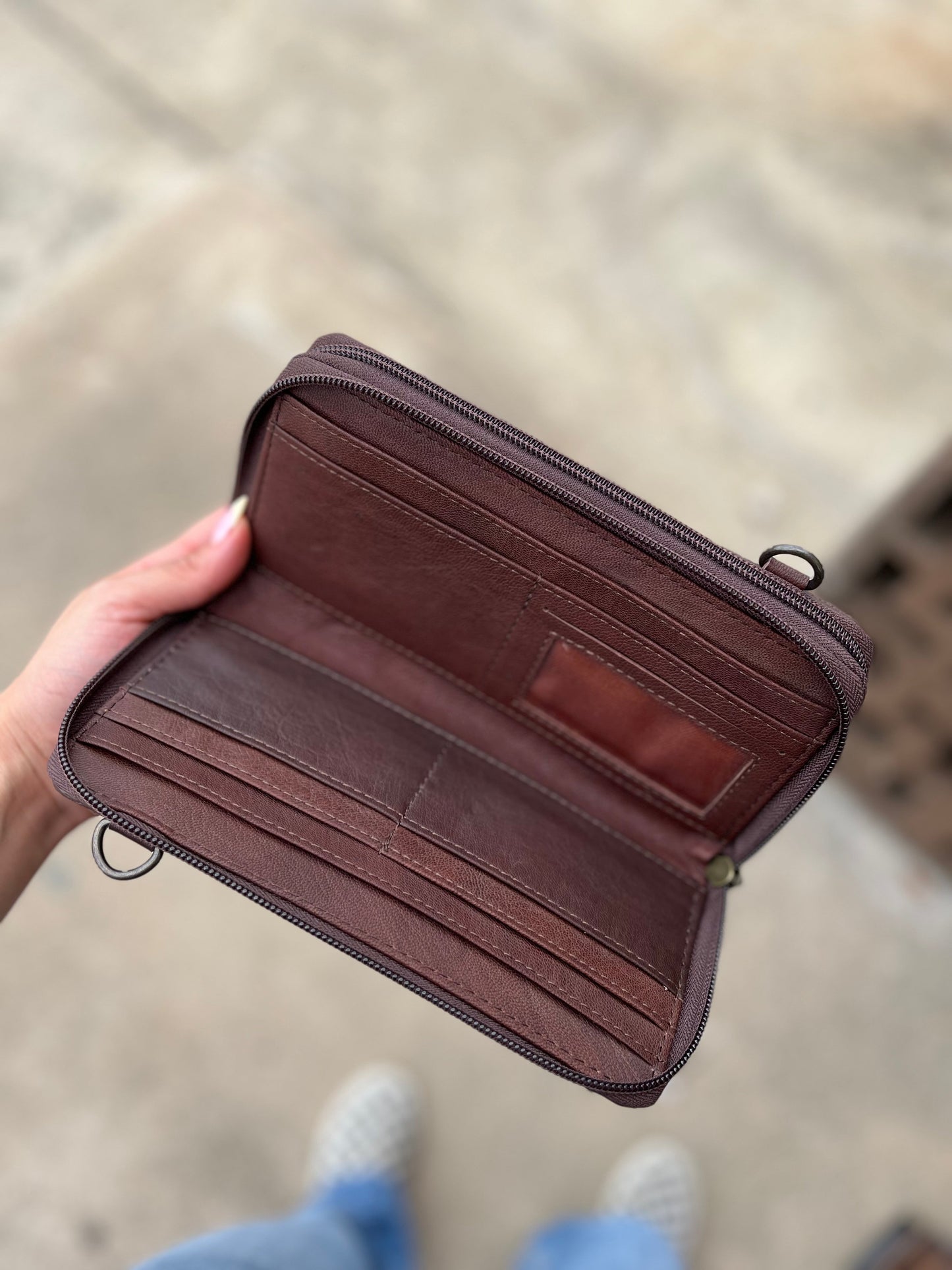 Chocolate BootStitch crossbody wallet