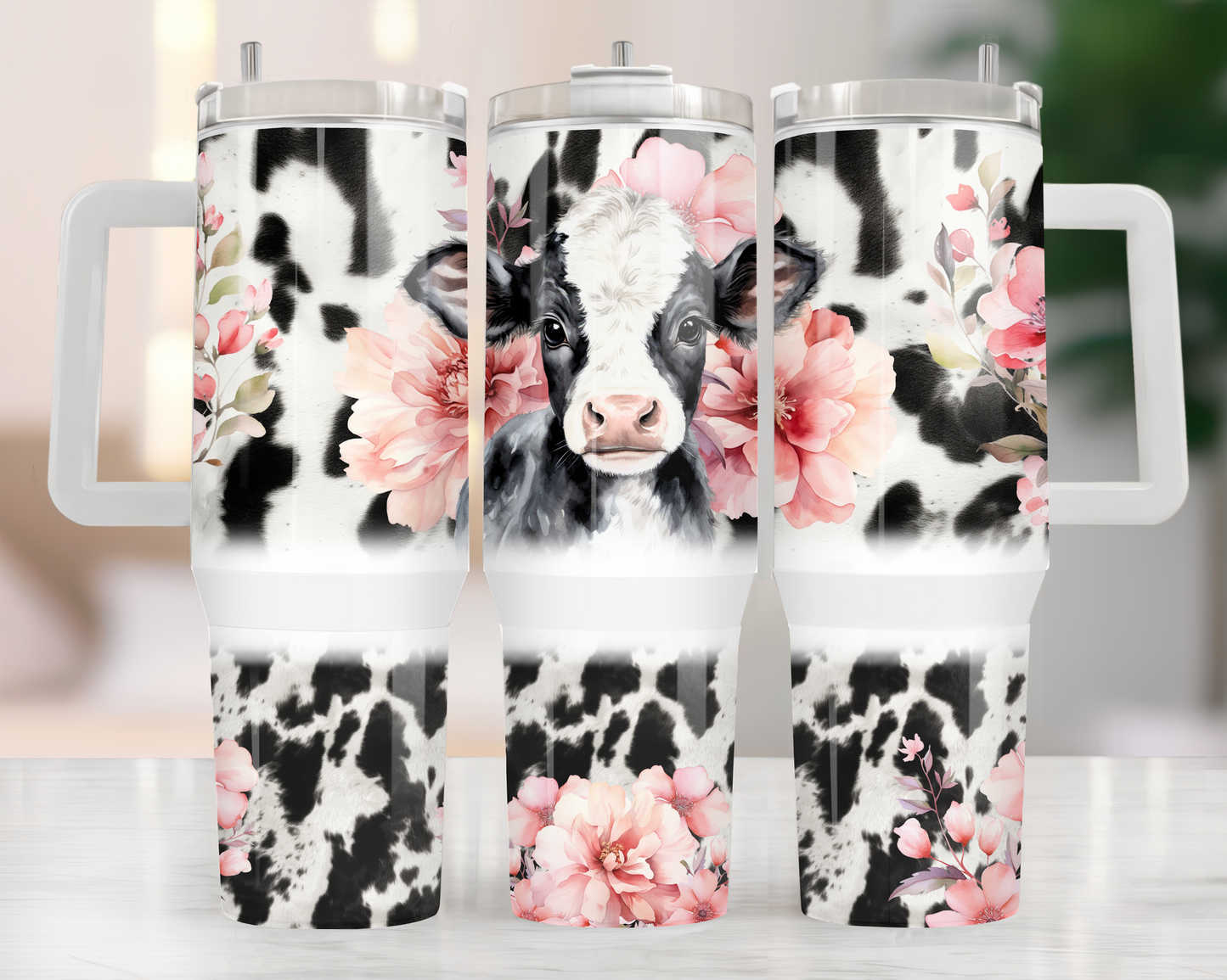 Bessy Cow with Florals Western Themed 40 oz. Stainless steel tumbler