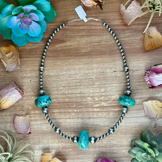 20” Turquoise Rondelle Necklace – Sterling Silver Pearls