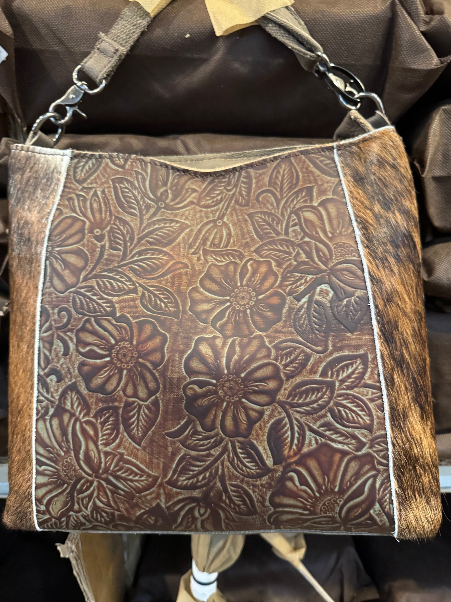 BA2826 Center Floral Tooled Cowhide Handbag