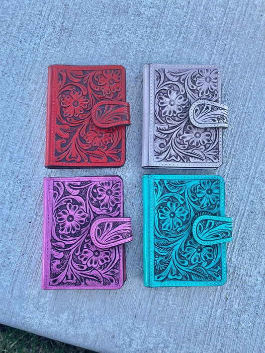 Red Floral Tooled Leather Passport Cover