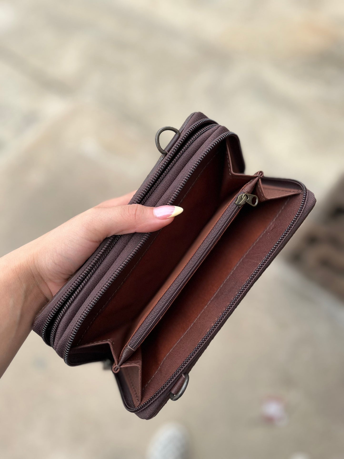 Chocolate BootStitch crossbody wallet