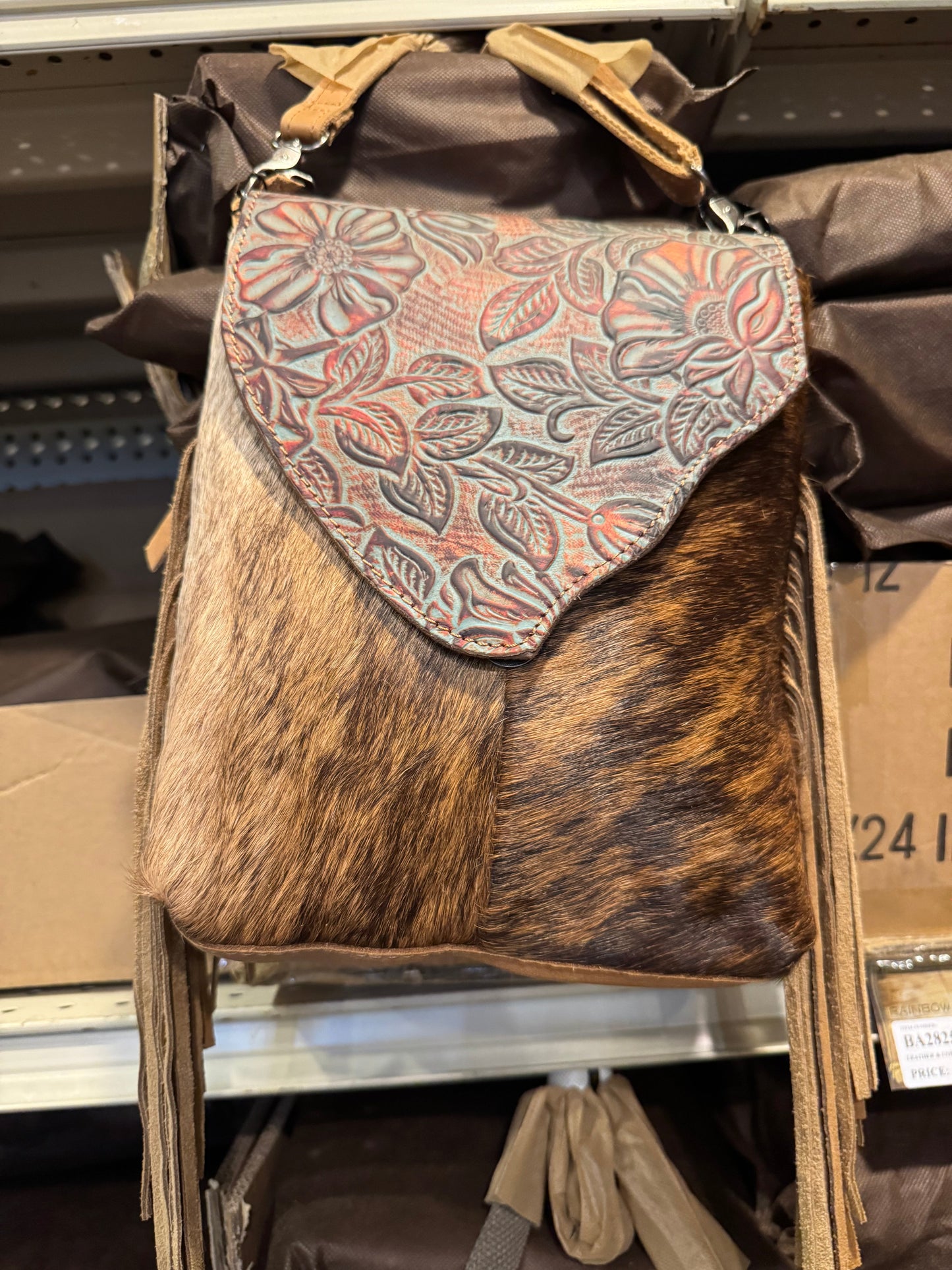 BA2825 Tooled Floral Flap Cowhide Crossbody Purse