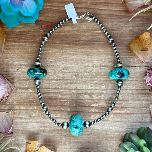 16” Turquoise Rondelle Necklace – Sterling Silver Pearls