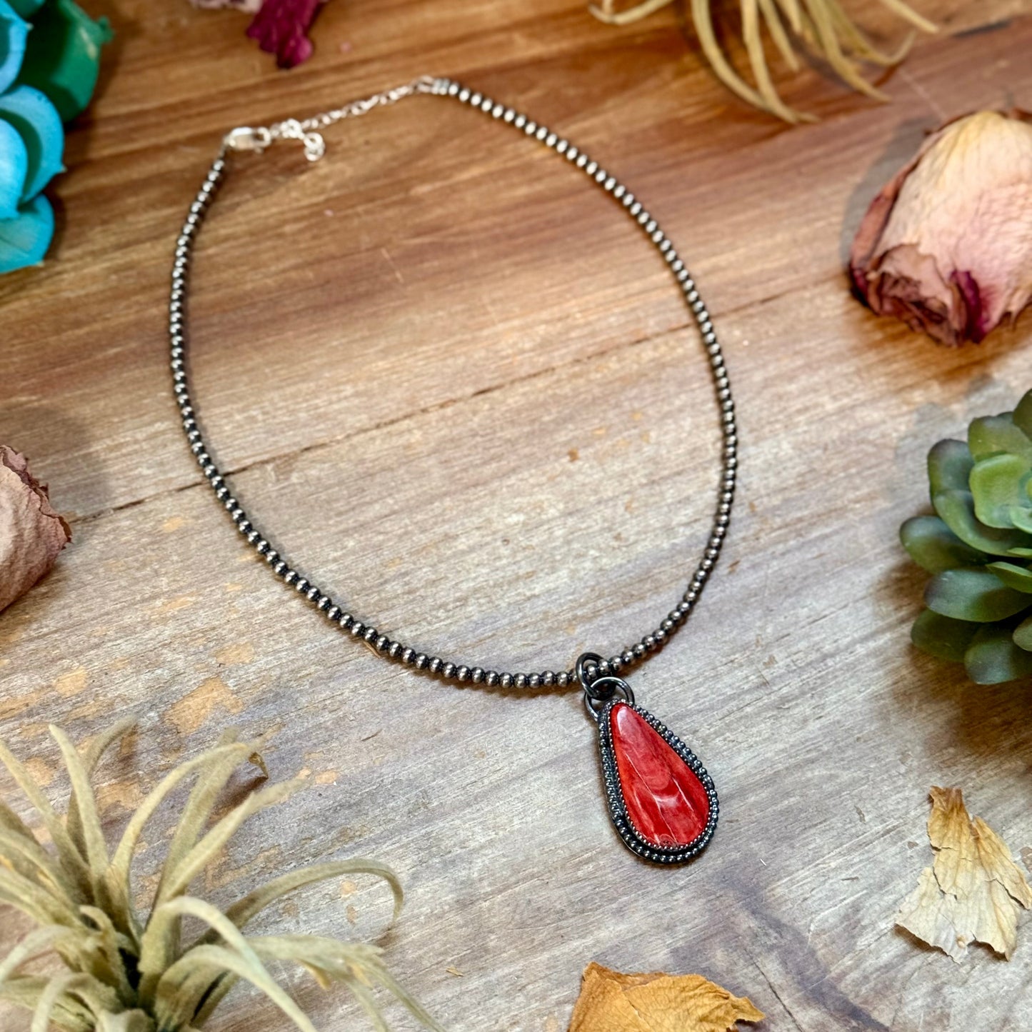***FREE Sterling Silver Pearl Necklace + MJ Red Spiny Oyster Teardrop Charm