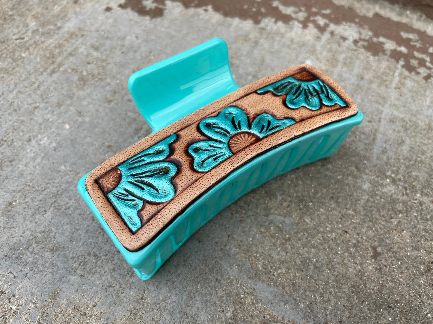 Turquoise Flowers Tooled Leather Hair Claw Clips 4”