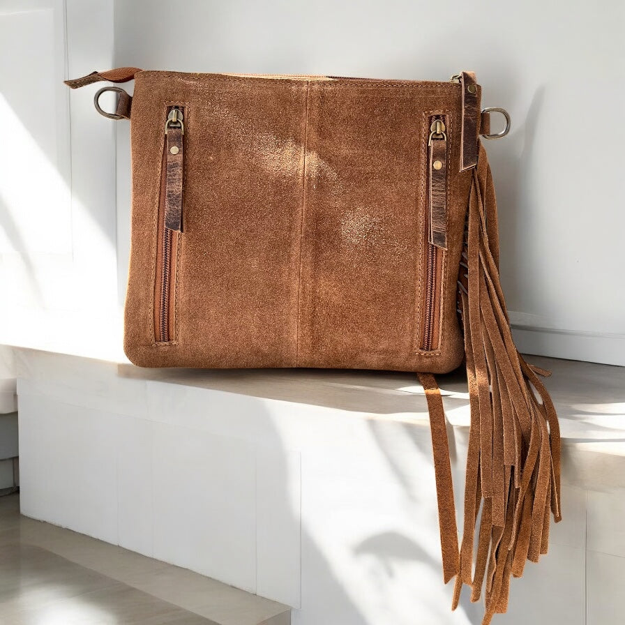 Tan suede & tooled fringe crossbody bag