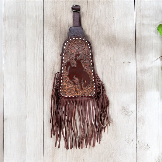 Bronco fringe hand tooled sling bag