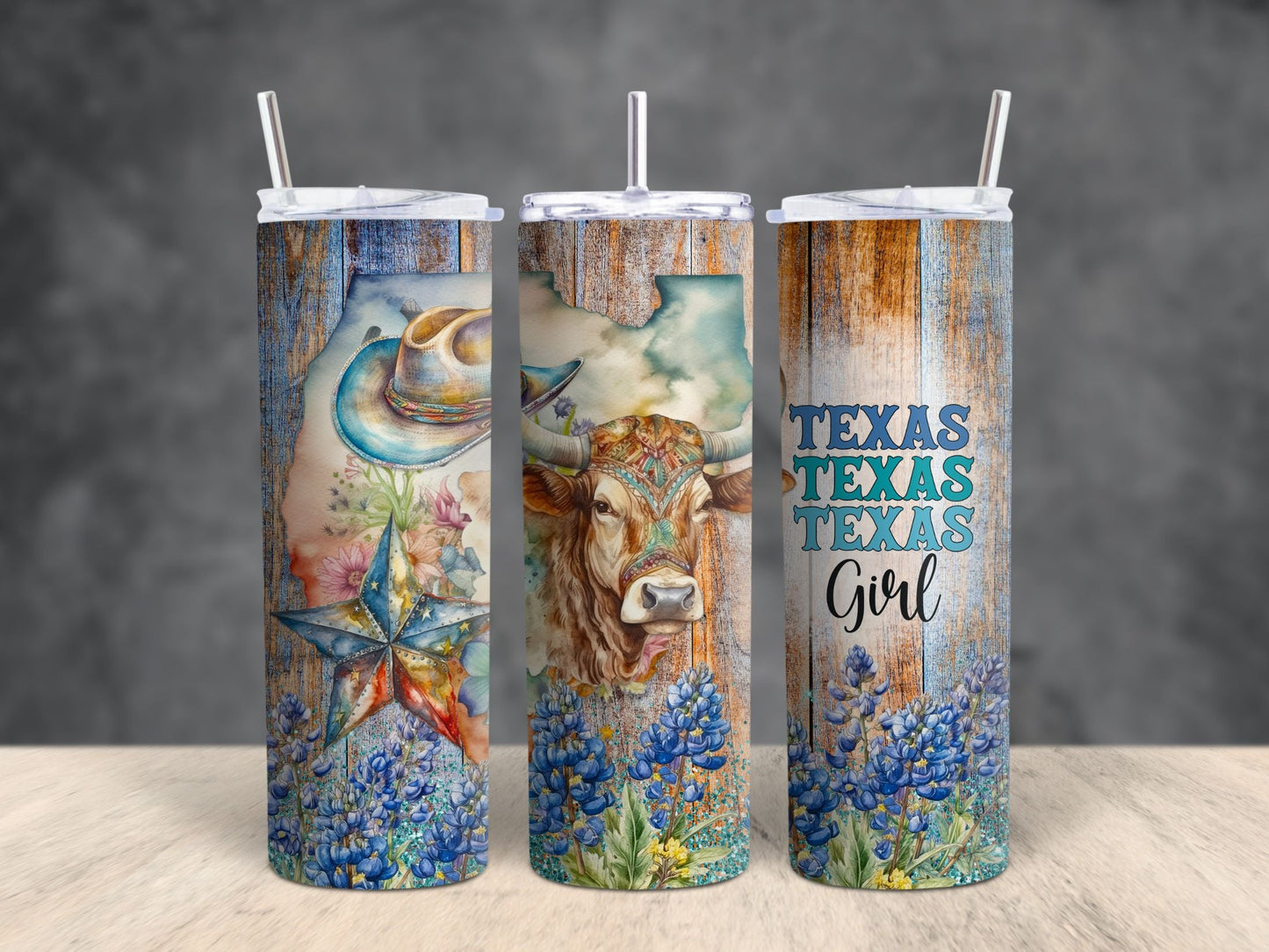 Texas Themed Longhorn and Bluebonnet 20 oz Tumbler
