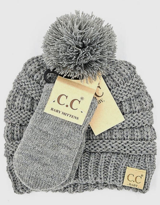 Solid Ribbed CC Pom beanie with mittens