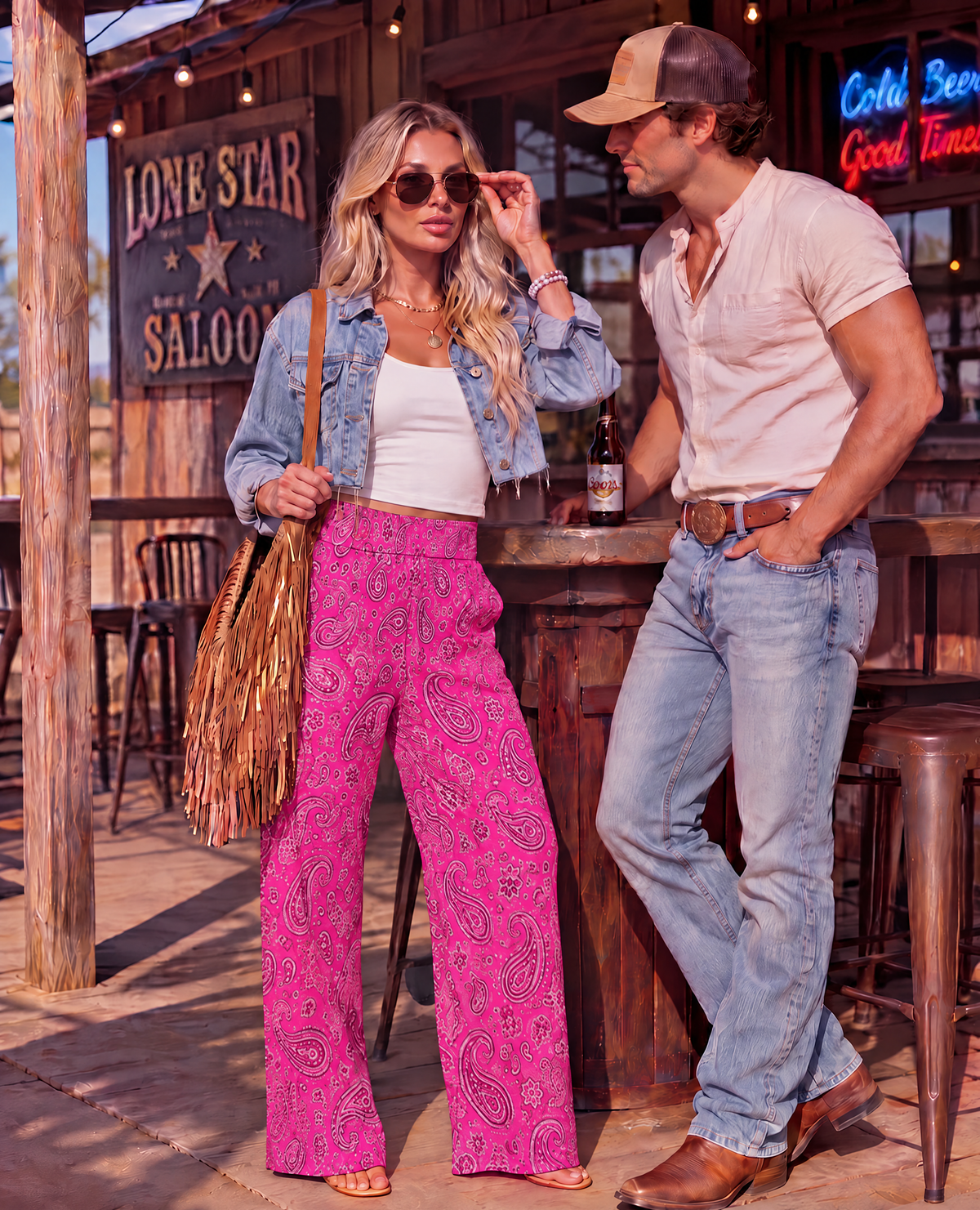 Baha Ranch Pink Paisley Bandana Wide Leg Pants