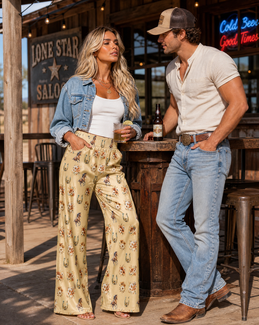 Baha Ranch Country Girl Floral Horse High Waisted Wide Leg Pants