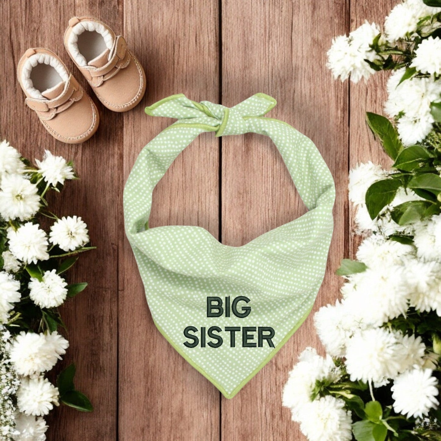 BIG SISTER DOG BANDANA | GREEN DITSY DOTS