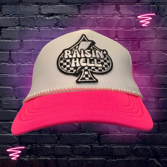 Raisin’ Hell Girls Neon Pink Trucker Hat w/ Pearl Chain
