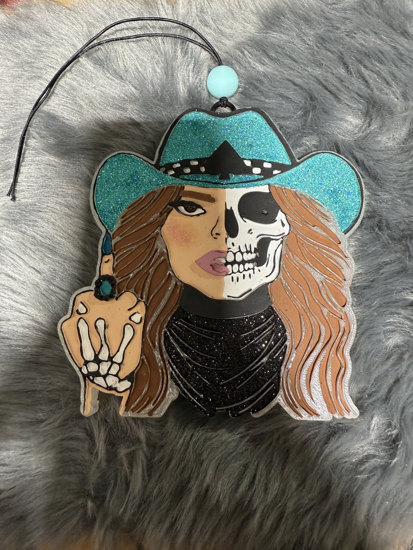 Western Skelly Cowgirl with Middle Finger and Turquoise