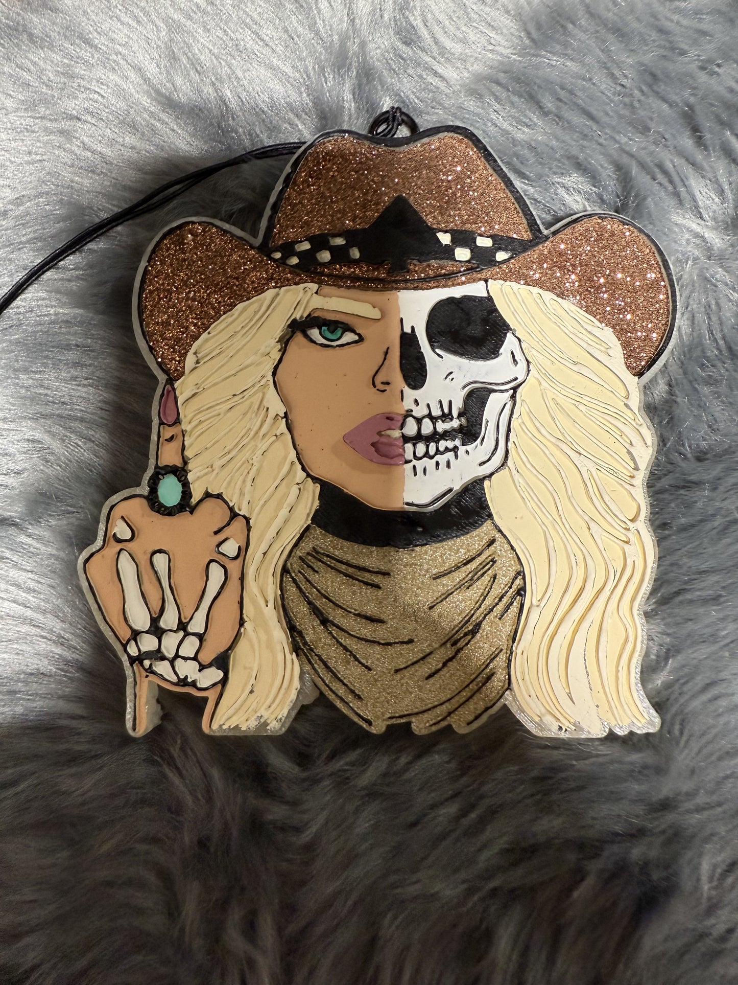 Western Skelly Cowgirl with Middle Finger and Turquoise