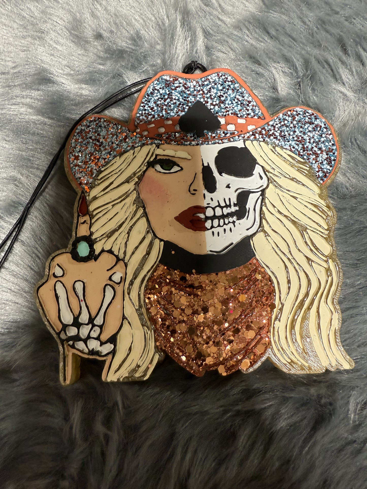 Western Skelly Cowgirl with Middle Finger and Turquoise