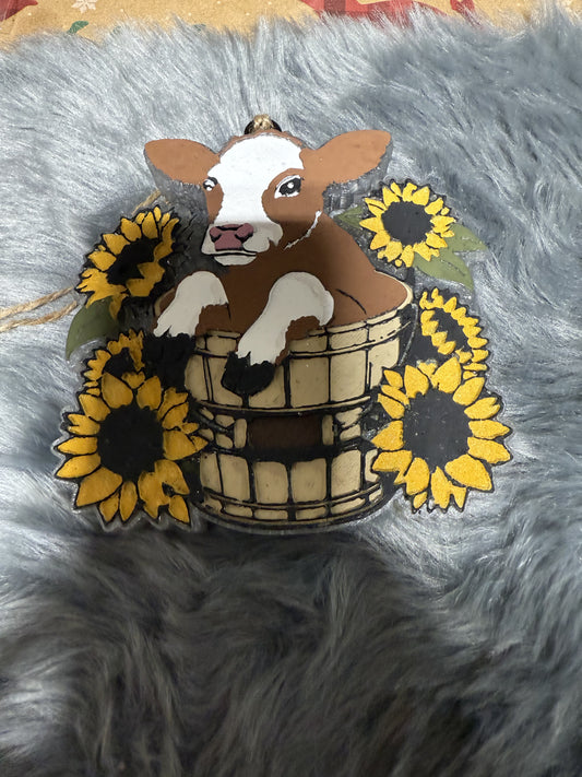 Calf in a Bucket with Sunflowers Freshie